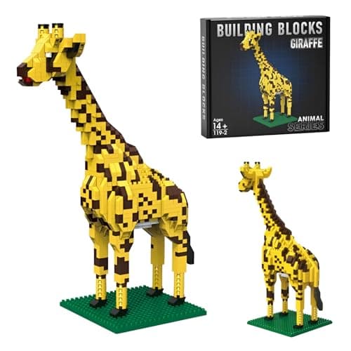 Image of Micro Mini Building Blocks Giraffe Set, DIY Wild Animal Bricks Model with Display Base, STEM Educational Toy, Creative Desktop Decor Gift for Teens & Adults