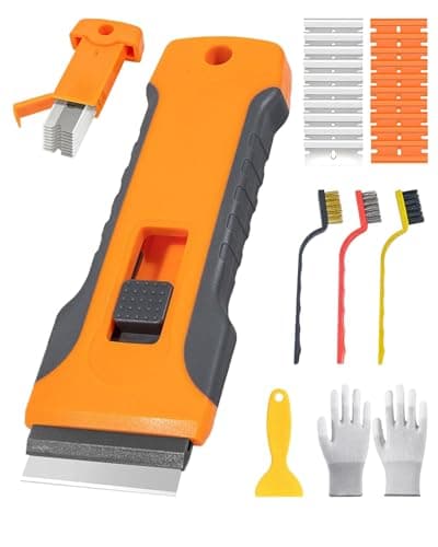 Image of Glass Scraper Tool Kit with 20 Replace Blades – Retractable Safety Scraper with Blade Storage, 3 Wire Brushes & Gloves, Multi-Purpose Cleaning Window Scraper Tool Set