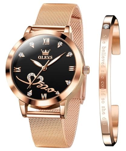Image of OLEVS Ladies Watches Rose Gold Mesh Strap Fashion Dress Quartz Waterproof Luminous Female Wrist Watches for Women Bracelet Sets