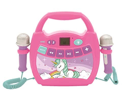 Image of LEXIBOOK, Unicorn, Portable karaoke digital player for kids, Microphones, Light effects, Bluetooth®, Record and voice changer functions, Pink, MP320UNIZ