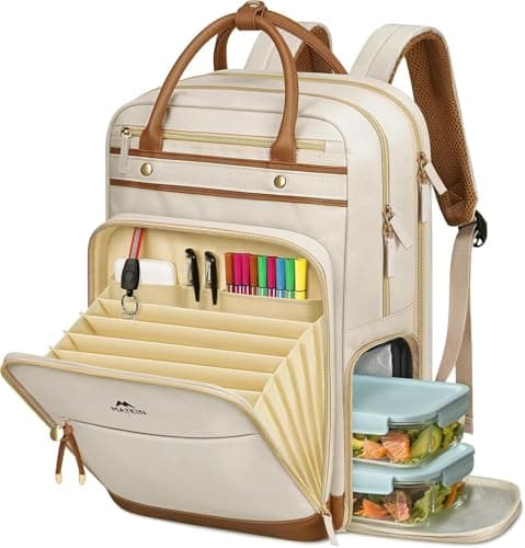 Image of MATEIN Work Bag with Lunch Compartment Detachable, 15.6 Inch Laptop Rucksack for Women with Organised Pocket, Lunch Backpack for Women Teacher, College, Nurse, Beige