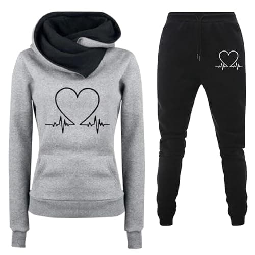 Image of Jogging Suits For Women Uk Autumn Winter Heart Print Hooded Tracksuit Set Lounge Wear Home Relaxation, Running Errands, Casual Street Style Joggers With Hoodie (Grey,M)