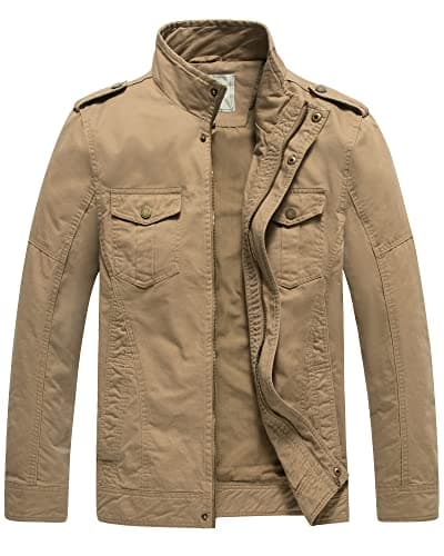Image of WenVen Men's Casual Cotton Jacket Outdoor Lightweight Leisure Jacket Classic Full-Zip Jacket Military Jacket Khaki M