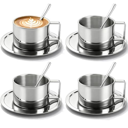 Image of ZENFUN 4 Pack Stainless Steel Coffee Cup Set, 7oz/200ML Double Walled Coffee Mugs Espresso Cups with Saucer and Spoon, Great Cappuccino Cups with Handle for Latte Cappuccino Tea Lovers