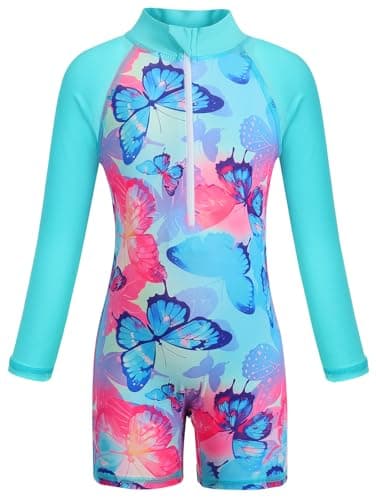 Image of AmzBarley Swimming Costume Girls Swimsuit Kids One Piece Rash Guard Long Sleeve Swimwear Childs Beach Holiday Swim Wear Butterfly Age 12-13 Years Size 160