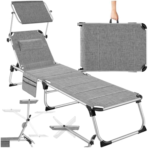 Image of tectake® Folding Sun Lounger with Padding - Adjustable 6-Position Backrest & Sun Canopy, Aluminium Frame, Side Pocket & Removable Headrest - Weather- & UV-Resistant Garden Chair - Mottled Grey