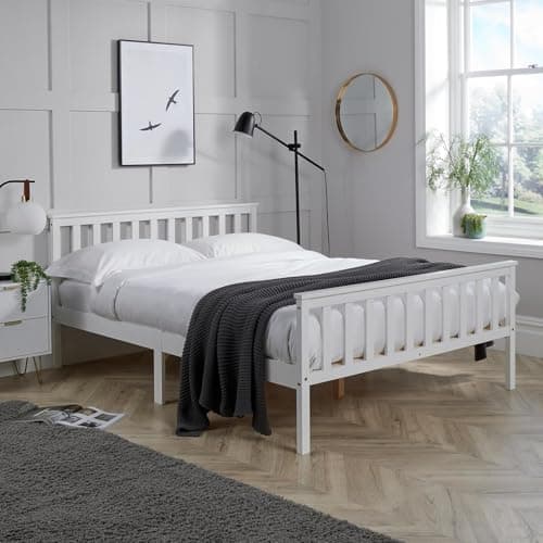 Image of Home Source Florida Solid Wood Shaker Bed Frame, Natural Wood, White, 4ft Small Double