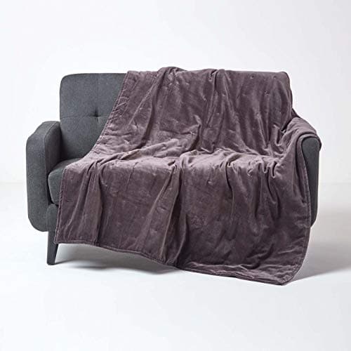 Image of HOMESCAPES Large Luxury Dark Grey Velvet Throw Super Soft Thick Cotton Velvet Blanket with Handwoven Embroidered Dots and Thick Quilting Cosy and Warm Bedspread Sofa or Bed Throw, 150 x 200 cm