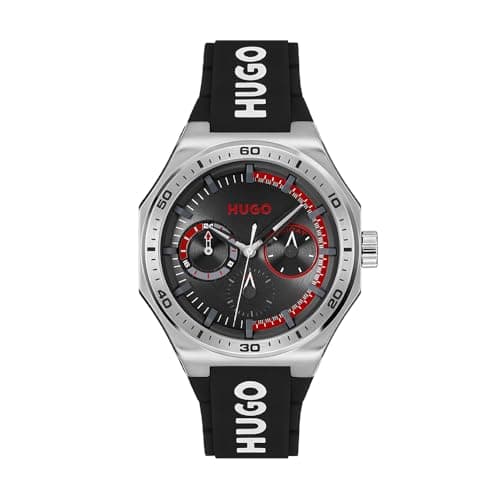Image of HUGO Analogue Multifunction Quartz Watch for Men #Grail Sport Collection with Black Silicone Bracelet - 1530397