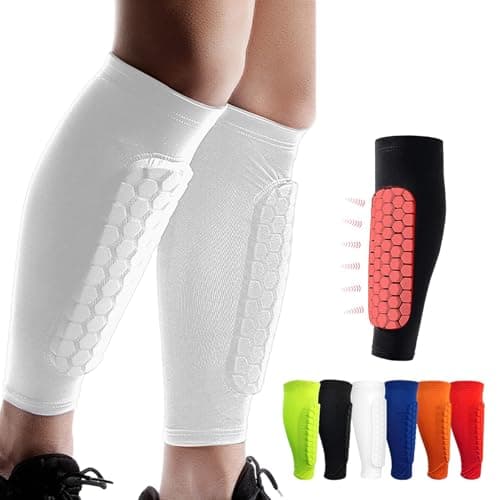 Image of Shindefender Shin Guards Pads, Honeycomb Compression Sleeve Football Shin Guards for Boys, Teenagers and Adults, Soccer Defender Pads with Superior Impact Absorption, Lightweight (White, XL)