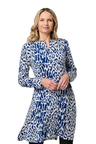 Image of Izabel London Animal Print Long Sleeve Short Shirt Dress for Women UK with a tie Waist, Made from Viscose Blend. Blue