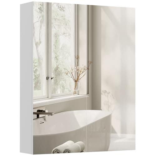 Image of HOMCOM Mirror Cabinet, Wall Mount Bathroom Storage Cabinet with Adjustable Shelf, Double Door Cupboard, 60 x 15 x 75 cm, White