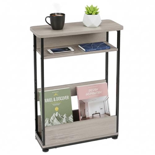 Image of Vintage Narrow Side Table with Storage Shelf, 3 Tier Slim End Table Modern Sofa Table for Narrow and Small Spaces, 24.6 Inch Height Bedside Table Small Nightstand with Magazine Rack Space Saving/Oak