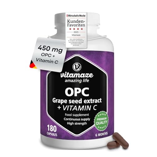 Image of Grape Seed Extract Capsules 450mg Certified OPC +100 mg Vitamin C Antioxidant- 6 Months Supply 180 Capsules - Supplement Without Additives, Made in Germany