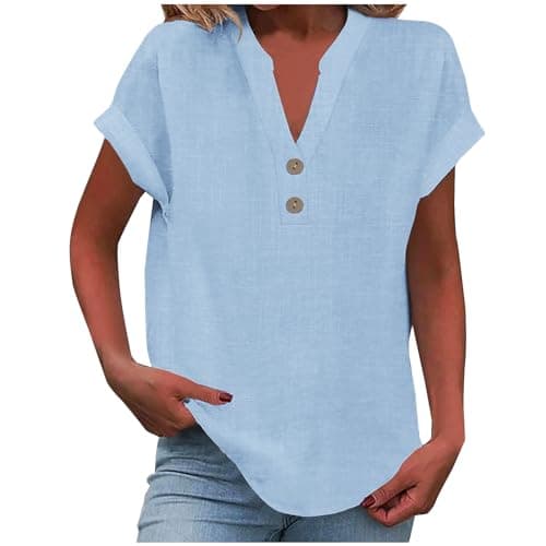 Image of Cotton Linen Shirts for Women UK Clearance Summer Short Sleeve Tee Tunic Fashion Button Down V Neck Blouses Solid Color Loose Fit Tops Lightweight Comfy Vacation Clothes