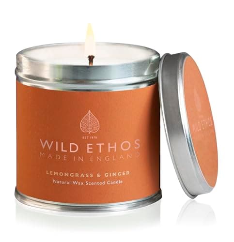 Image of Wild Ethos Naturals Premium Scented Natural Wax Tin Candle - Lemongrass & Ginger Scent - Hand-Poured in UK - Burn Time 40+ Hours - Natural Ingredients for Less Smoke & Slow Burn