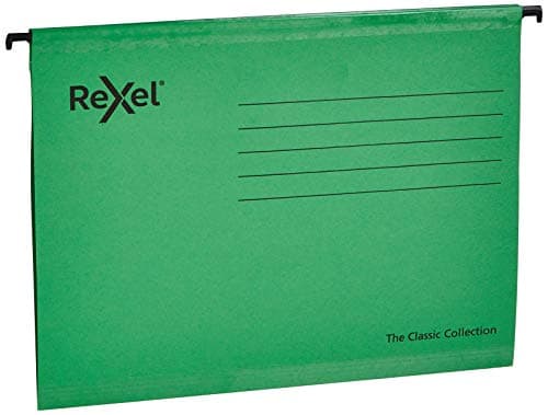 Image of Rexel Classic A4 Reinforced Suspension Files for Filing Cabinets, 15 mm V base, 100 Percent Recycled Card, Green, Pack of 25, 2115586