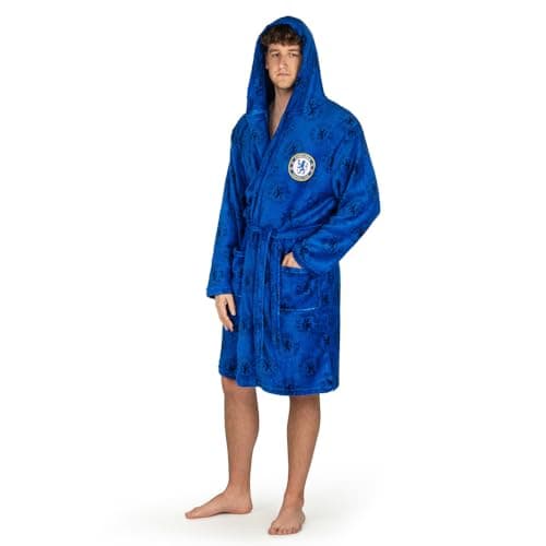 Image of Chelsea FC Men’s Hooded Fleece Dressing Gown Robe – Soft Tie Belt Bathrobe – Mens Football Gift – Sizes S-XL (UK, Alpha, XL, Regular, Regular)