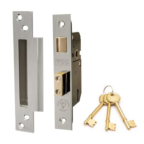 Image of TSS High Security 5 Lever British Standard Mortice Sashlock with 3 Keys and Fixings, 3" (81mm) Satin Chrome (Silver), Insurance Approved for External Doors, British Standard BS3621:2007