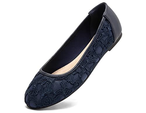 Image of Greatonu Women Causal Shoes Cut Out Slip On Lace Floral Round Toe Ballet Ballerina Flats Navy Blue with Lining Size 4 UK