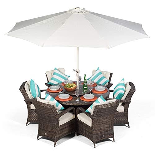 Image of Giardino Arizona Rattan Garden Dining Set 6 Seater Outdoor Table & Chairs Wicker Patio Furniture with Parasol & Cover, Aluminium Frame, 135cm, Round, Brown