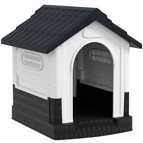 Image of PawHut Dog Kennel for Outside, Plastic Dog House, Water-Resistant Pet Shelter with Windows, for Garden Patio, Miniature Dogs, 64.5 x 57 x 66cm - Grey