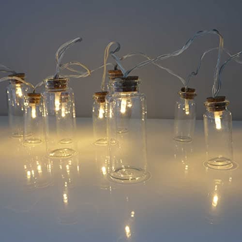 Image of Qbis 16 Glass Jar Lights. Battery Powered Fairy Lights. String Lights with 16 Small Jars Each with a Warm White LED Inside and Cork Stopper. On/Off/Timer Modes. Indoor use. (Clear Jar Lights)