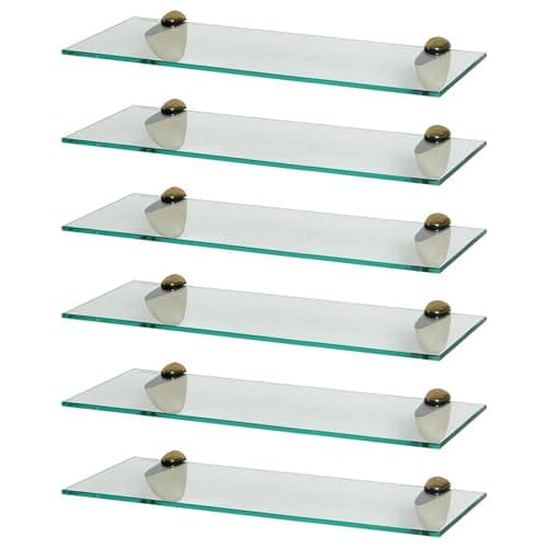 Image of Harbour Housewares Floating Glass Bathroom Shelves - 50cm - Clear/Gold - 6x Wall-Mounted Kitchen Bedroom Shower Room Décor Caddy Towel Storage Organiser Shelving Rack with Brackets