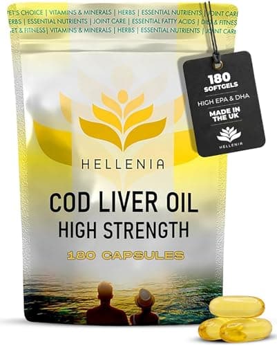 Image of Cod Liver Oil Capsules High Strength 1000mg - 180 Capsules | UK Made Fish Oils - 6 Month Supply | Rich Source of Omega 3 Essential Fatty Acids | High EPA DHA - Made in The UK for Hellenia