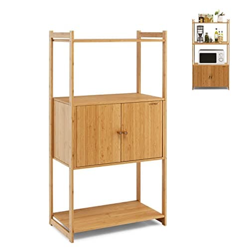 Image of COSTWAY Bathroom Storage Cabinet, Bamboo Floor Standing Cupboard with 3 Shelves and 2-Door Cabinet, Display Shelving Unit Organiser for Kitchen Living Room Entryway