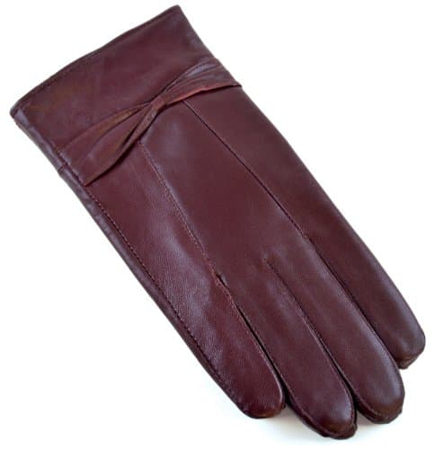 Image of RJM Ladies Lined Brown Burgundy Sheepskin Leather Gloves With Bow S/M