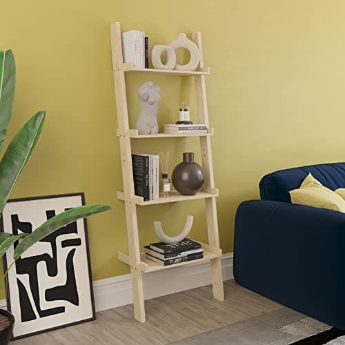 Image of Vida Designs 4 Laag Slanted Ladder Boekenkast, Modern Leaning Shelf Unit for Woonkamer, Slaapkamer or Kantoor, Space Saving Display Storage, H154xW56xD29cm (Pine)