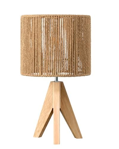 Image of EDISHINE Small Rattan Table Lamp, Rustic Wood Tripod Bedside Lamp, Striated Paper Lampshade, Boho Desk Lamp for Living Room, Bedroom, Office, LED Bulb Included, E27 Base