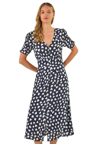 Image of Roman Originals Swing Tea Dress Women UK Ladies Skater Midi A Line Fit & Flare Summer Casual Smart Cocktail Party Going Out Work Cruise Button Through Long Pocket - Navy Ivory - Size 16