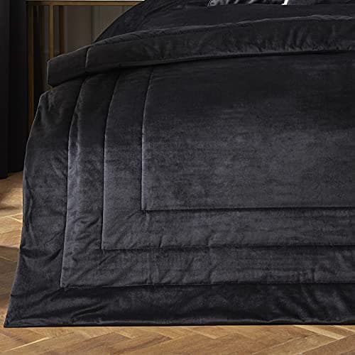 Image of Laurence Llewelyn-Bowen Black Velvet Bedspread – L220 x W150cm – Luxury Quilted Throw Blanket for Bed – Super Soft Velvet Bedding – Box Stitch Design – Stylish Black Bedspread for Bedroom