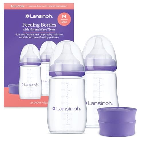 Image of Lansinoh Anti Colic Baby Bottle - 2 Pack 240 ml - NaturalWave® Teats Reduces Nipple Confusion - BPA & BPS-Free Breastfeeding Bottle Feeding Stackable Lid Fridge Freezer Milk Storage Feeding Bottles