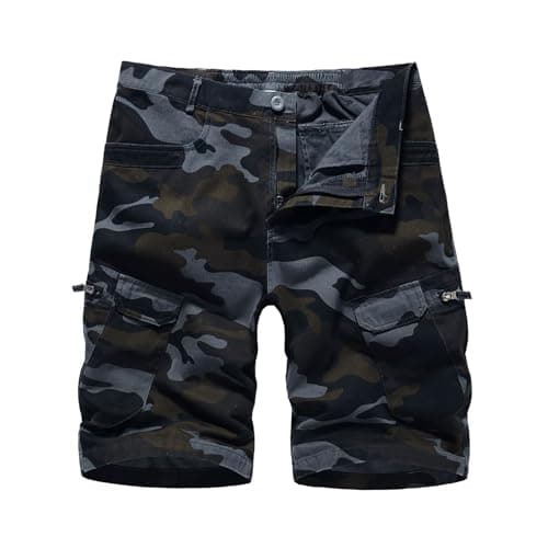 Image of LY4U Cargo Shorts Mens, Summer Camo Combat Shorts Men, Outdoor Camouflage Half Pants, Black Camo 34W