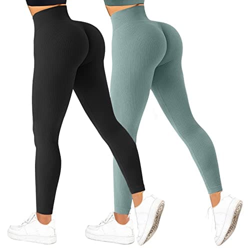 Image of 2 Piece Ribbed High Waisted Leggings for Women Seamless Tummy Control Gym Workout Yoga Pants Running Compression Leggins Black/Blue