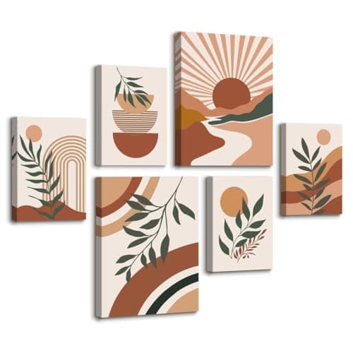 Image of FajerminArt 6 Sets of Terracotta Boho Geometric Lines Framed Canvas Wall Art, Orange Red Sun Leaf Canvas Painting Minimalist Plants Pictures on Art Prints Home Decor for Living Room Bedroom Office