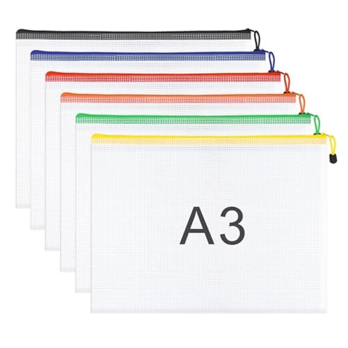 Image of WISYOK 6pcs A3 Plastic Wallets Zip, Zip Lock Bags Mesh, Plastic Folders, Document Wallets, Zip Folders, Zipper File Bags for Office, School, Travel, Home (41×31cm, 6 Colors)