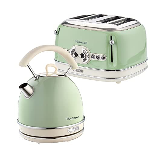 Image of Ariete ARPK40 Retro Style Dome Kettle and 4 Slice Toaster Set, Vintage Design, Green, Stainless Steel