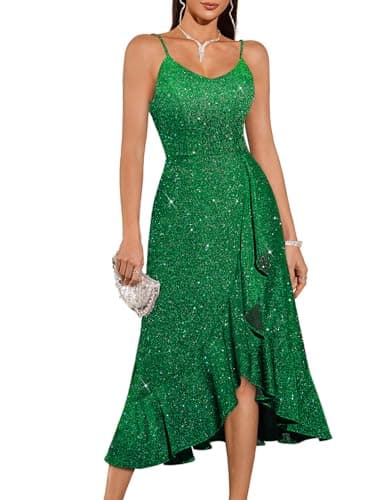Image of DRESSTELLS Women's Sequin Cocktail Dresses, Sparkly Semi Formal Wedding Guest Prom Party Modest Evening Ball Gowns Long Dress for Teens Glitter Green L