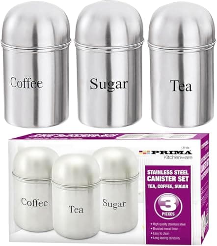 Image of Bazzaree 3pc Stainless Steel Canister Set – Tea, Coffee, Sugar Retro Kitchen Storage Containers with Lids, Brushed Finish, Home & Office