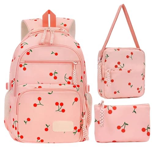 Image of Qubitly 3 in 1 Cherry School Bag for Girls, Pink School Backpack Set, Preppy Girls Rucksack with Crossbody Bag and Small Wallet, Cute Backpack for Teenage Students Children