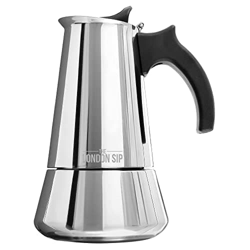 Image of The London Sip Moka Pot, Stovetop Coffee Maker, Italian Style Espresso Maker, Stainless Steel, Induction Compatible, Modern Chrome, Silver, 3 Cup (150 ml)