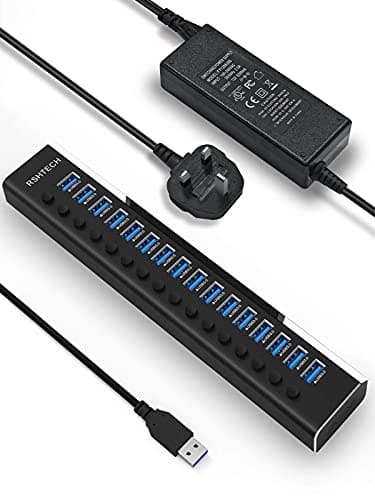 Image of RSHTECH 16 Port Powered USB Hub 3.0, 96W Aluminum USB Port Expander with Individual On/Off Switches and 12V/8A Power Adapter (RSH-A16)