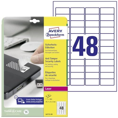 Image of AveryL6113-20 Anti-Tamper Security Labels 20 Sheets / 960 Labels / 45.7 x 21.2 mm White