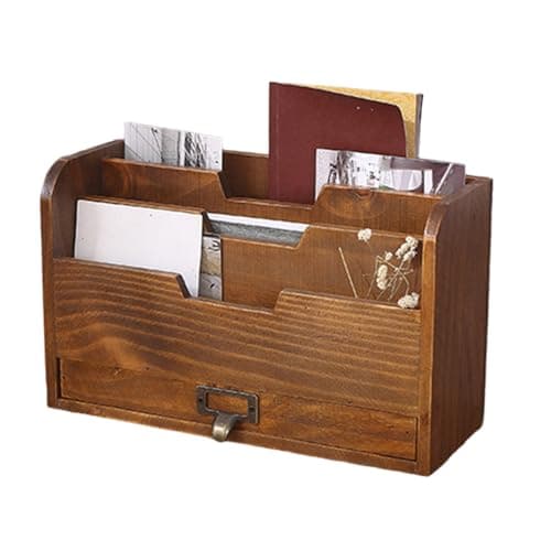 Image of 3 Tier Letter Rack With Drawer, Vintage Letter Holder, Wooden Desk Organiser, Desktop Storage For Home Study, Office, Pencil, Magazines, Papers, Documents