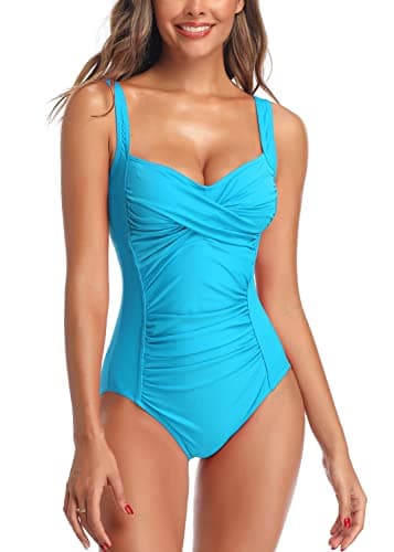 Image of Joweechy Womens One Piece Swimsuit Tummy Control Swimming Costume Vintage Twist Ruched Swimwear Bathing Suit Capri Blue,S