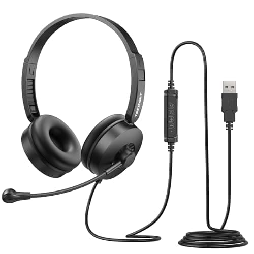 Image of TECKNET USB Headset with Microphone Noise Cancelling, PC Headset 2.0 m Cable, In-line Volume & Mute Control, USB-A Plug & Play Wired Headsets with Microphone for PC/Laptop Home Office Teams Zoom